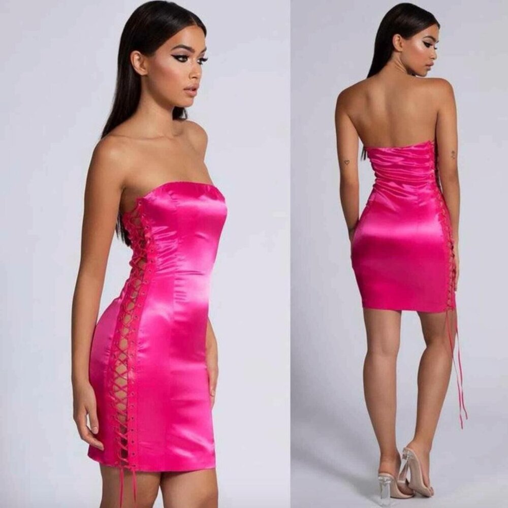 Meshki - Pink Strapless Dress with Lace Up Side